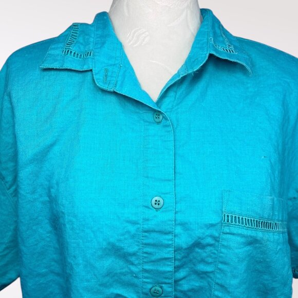 Vintage 90s Blue Button Up Shirt Eyelet Trim Boxy Fit Top Small - Picture 2 of 9